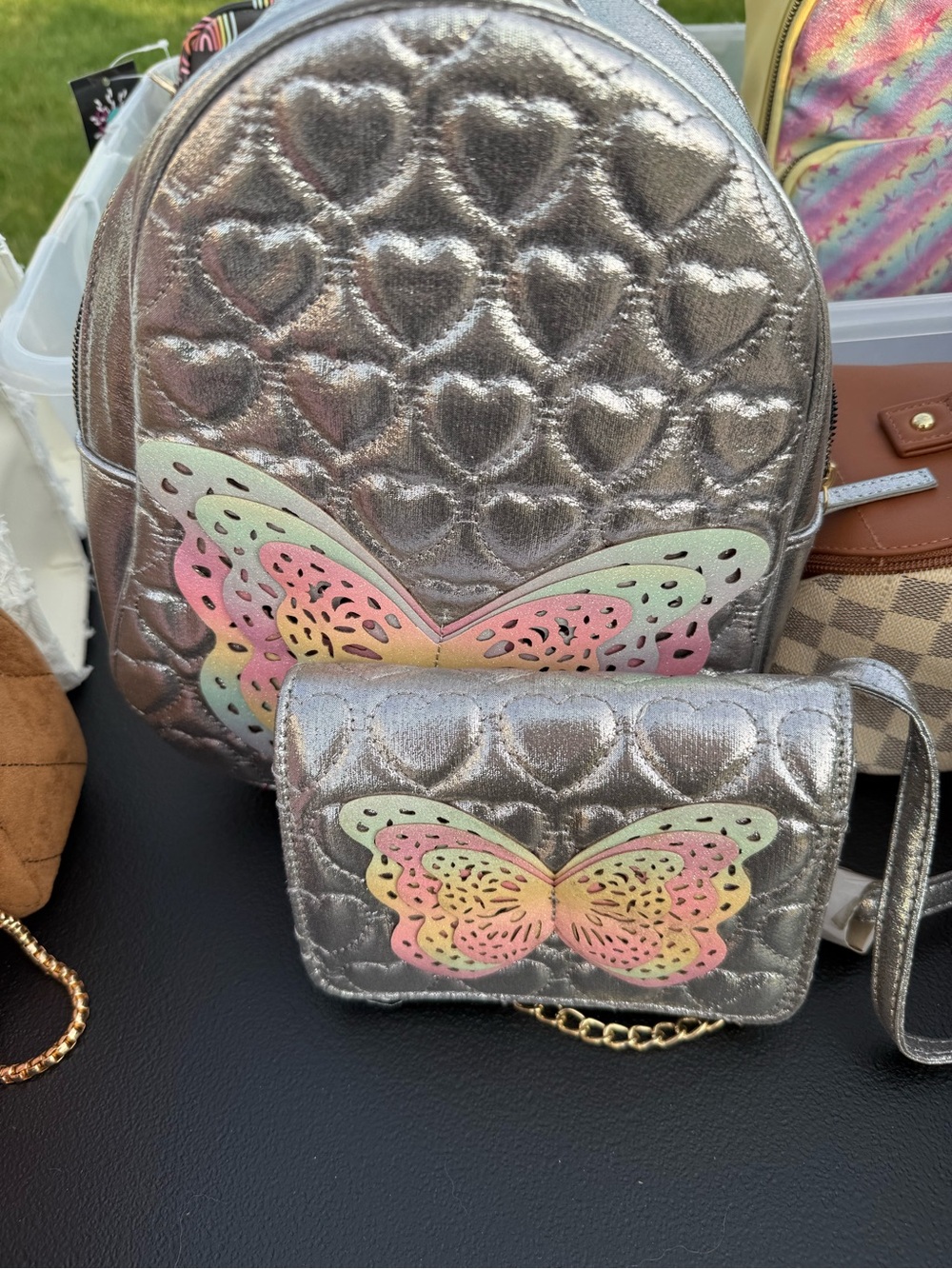 Olivia Miller Silver Heart-Quilted Backpack and Purse with Pastel Butterfly set - Picture 2 of 4